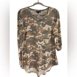 Simply Southern Camo Tunic with Sequin Patchwork Elbow NWOT